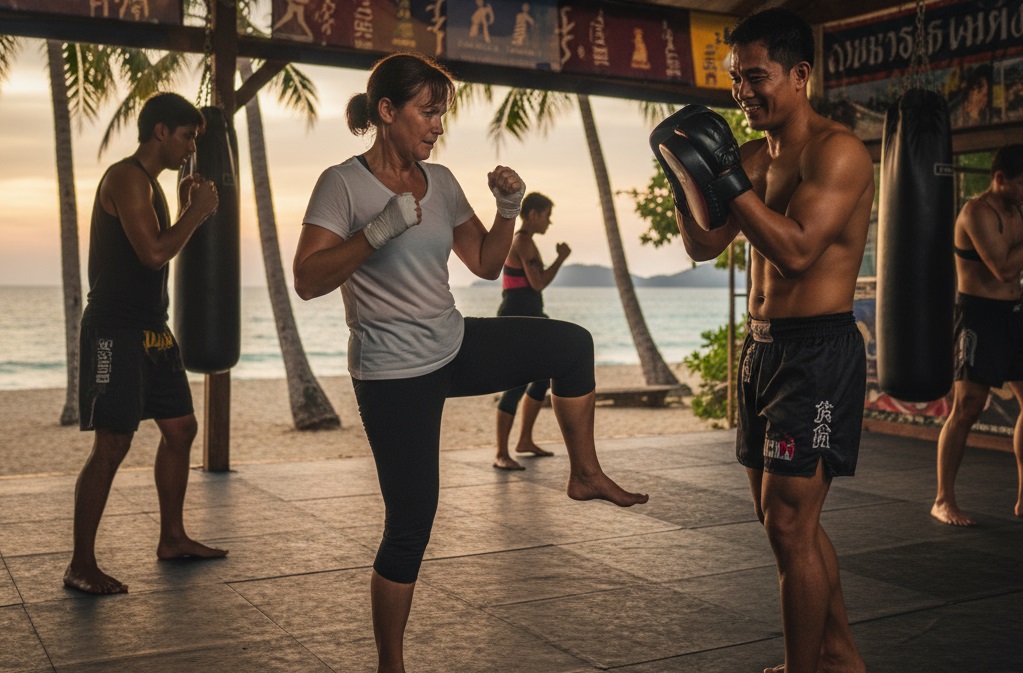 aged woman doing Muay Thai